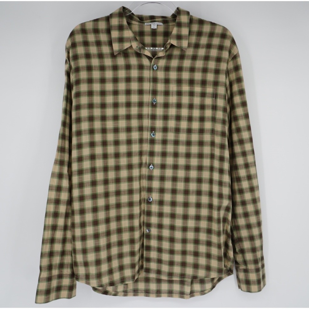 James Perse Mens Plaid Button Down Shirt Brown Green Cotton MOCM3504 Size 2 M